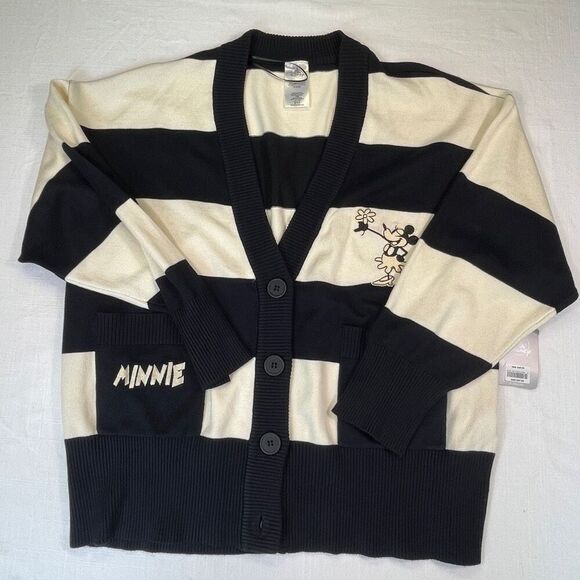 Disney Black Cream Striped Knit Retro Minnie Mouse Cardigan Size Medium NWT - Picture 1 of 11